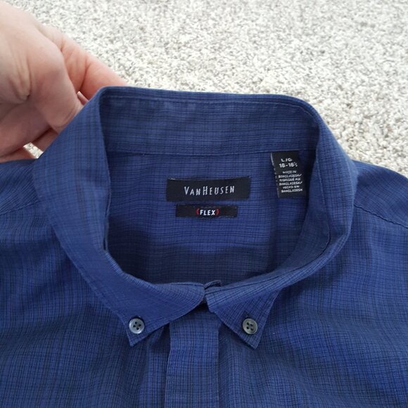 NEW Cond. Van Heusen Flex Men Short Sleeve Button Shirt 16-16.5 Large Dark Blue - Picture 7 of 8